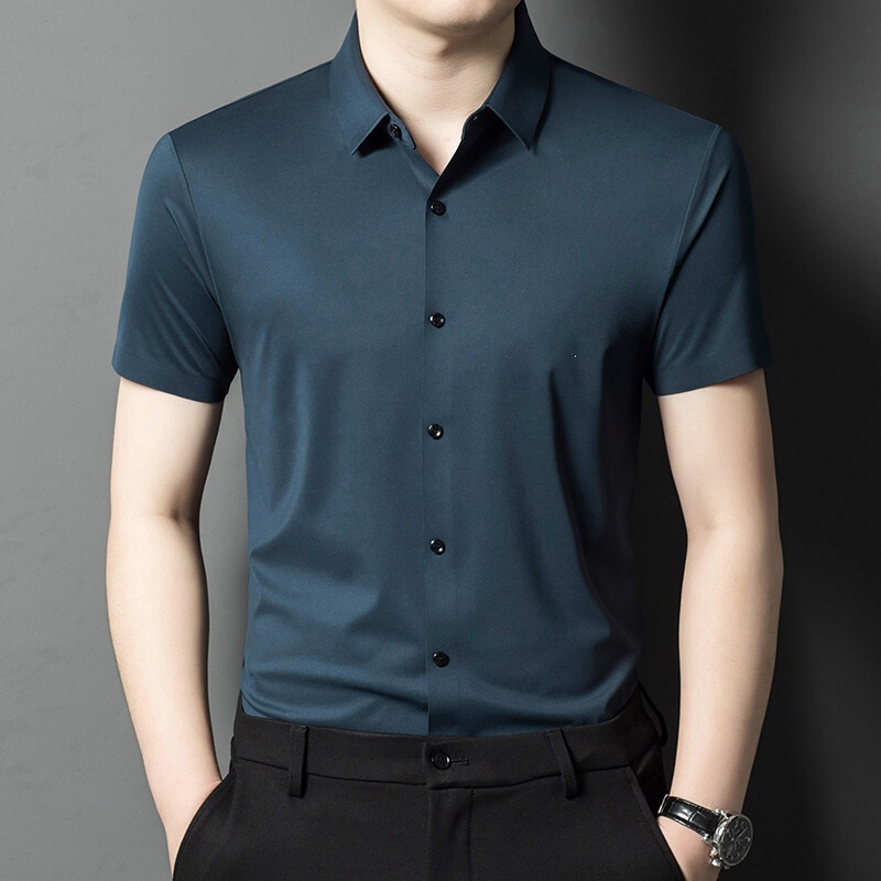 2026 Summer Style Mulberry Silk Ice Silk Shirt for Men, Young and Middle-Aged, Solid Color Short-Sleeve Top, Seamless Formal Anti-Wrinkle Shirt