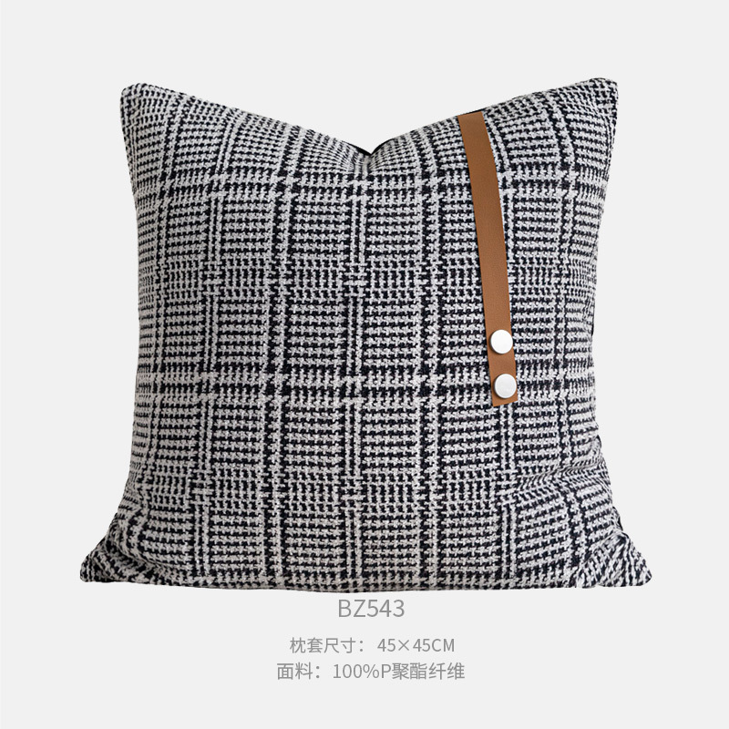 45x45cm 흑백 물떼새 격자 오렌지 브라운 가죽 사각 베개