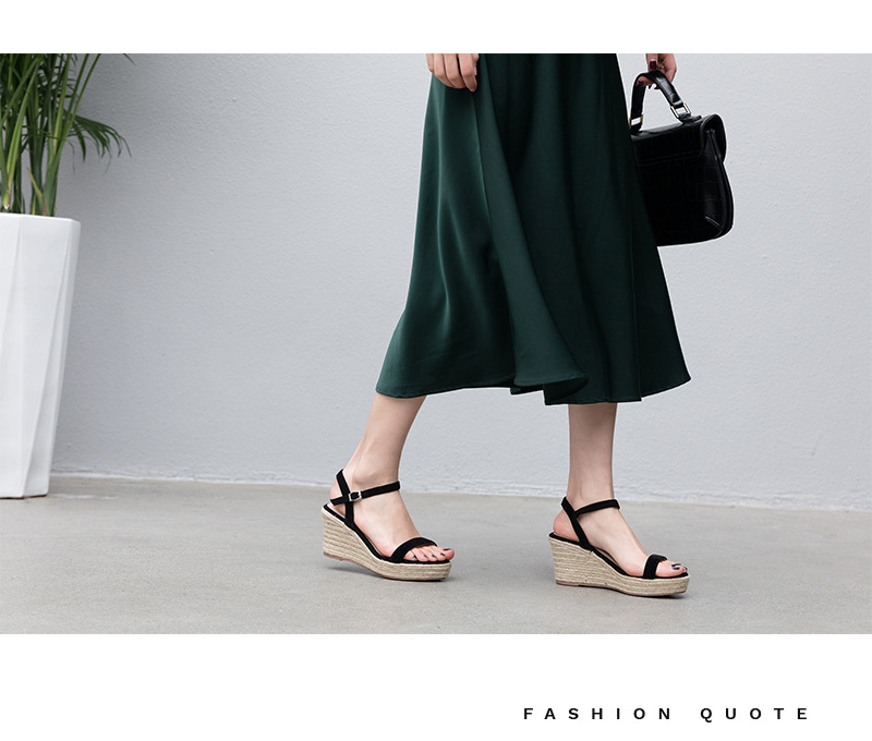Sandal nữ quai ngang hở mũi gót cao 7 cm đế rơm — Màu đen chi tiết 25