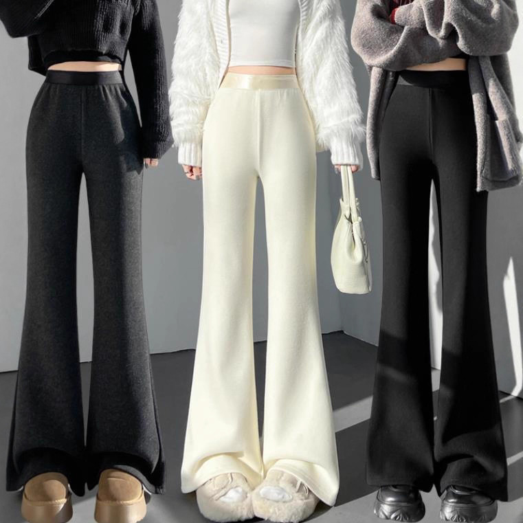Real Shot of Apricot-Colored Glutinous Rice Pants for Women in Autumn and Winter, Elastic High-Waisted Narrow Version, Slightly Casual Flared Sports Sweatpants, Floor-Length Horse Hoof Pants