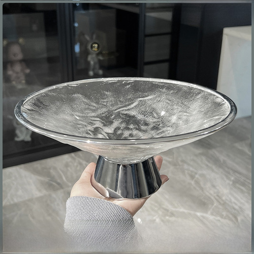 Luxury glass fruit plate for home living room coffee table snack placement plate high-end high leg dried fruit candy plate 