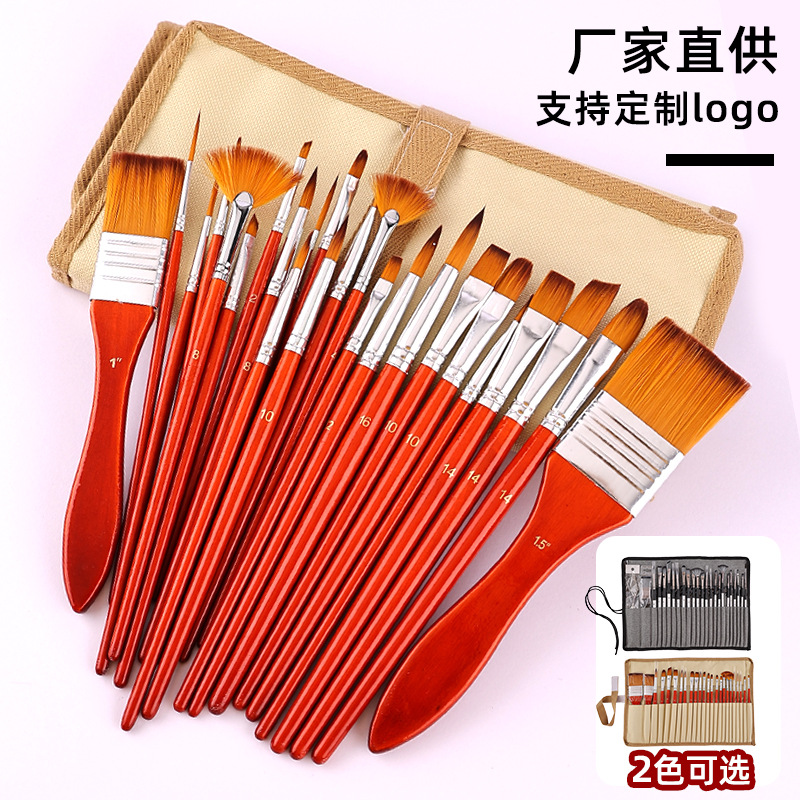 Cross-border nuevo gouache pluma de pintura acrílica set venta al por mayor de 24 piezas de lana de nylon cepillo de pintura en forma de abanico pluma pintura al óleo cepillo de tablero
