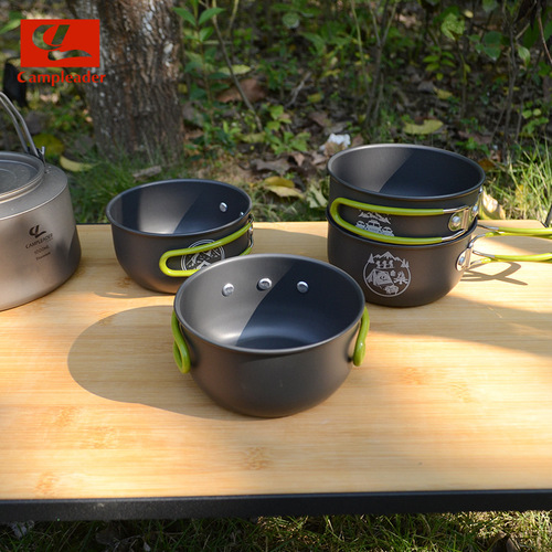 Outdoor picnic pot set for 2-4 people, cookware, tableware, picnic folding bowl, aluminum alloy non-stick pot 4-piece set