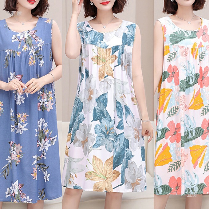 Summer Cotton Silk Mom's Dress, Summer Thin Loose-Fitting Large Size Round Neck Breathable Home Wear Mid-Length Nightgown Summer Cotton Silk Mom's Dress, Summer Thin Loose-Fitting Large Size Round Neck Breathable Home Wear Mid-Length Nightgown