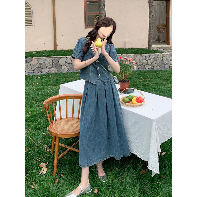 韩系穿搭牛仔套装裙女夏季2025年新款泡泡袖领上衣半身裙两件套|undefined