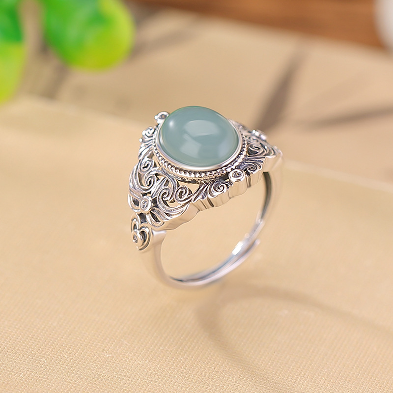 Nhẫn bạc S925 đính đá ngọc lam xanh phong cách cổ điển họa tiết cỏ đường — Bạc 925