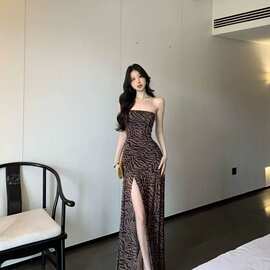 欧美性感辣妹抹胸豹纹夏季印花拼接开叉收腰紧身包臂裙