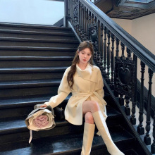 【巴黎画报】网红同款双面呢羊毛大衣外套女围巾领中长款腰带新款