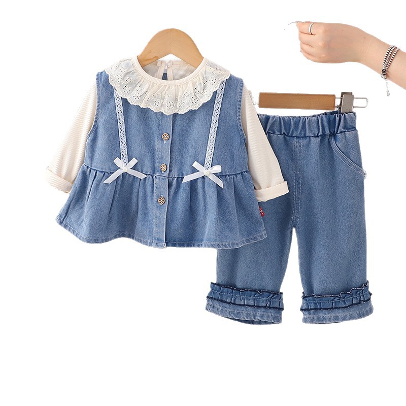 Tenue pour fille 2025, nouvelle collection printemps-automne, gilet en denim élégant en dentelle, ensemble trois pièces décontracté de style coréen pour filles_voghion.com