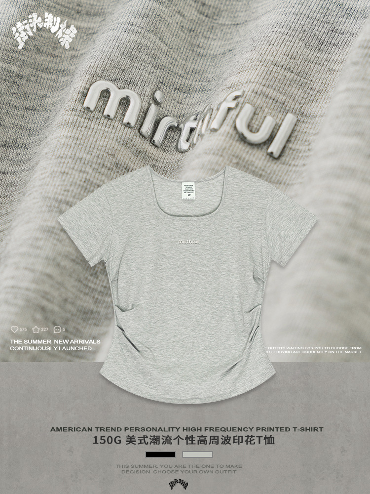 2025 verano americano temperamento caliente estereoscópico impresión de hombro camiseta de cintura delgada miui serie de mangas cortas T mujeres image 4