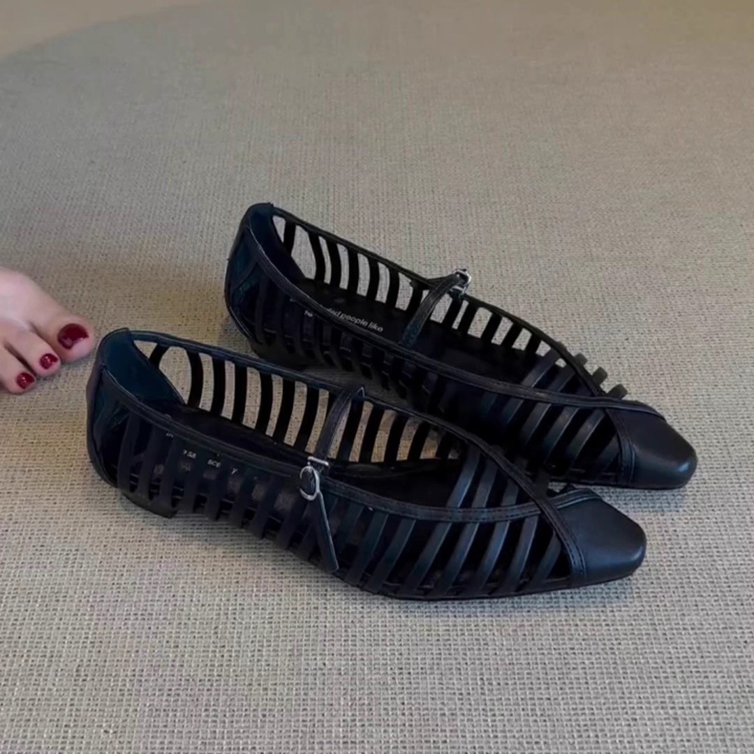[in Stock] French Retro Square-Toe Hollow-Out Strap Mary Jane Shoes for Women 2026 New Style Shallow Flat Shoes