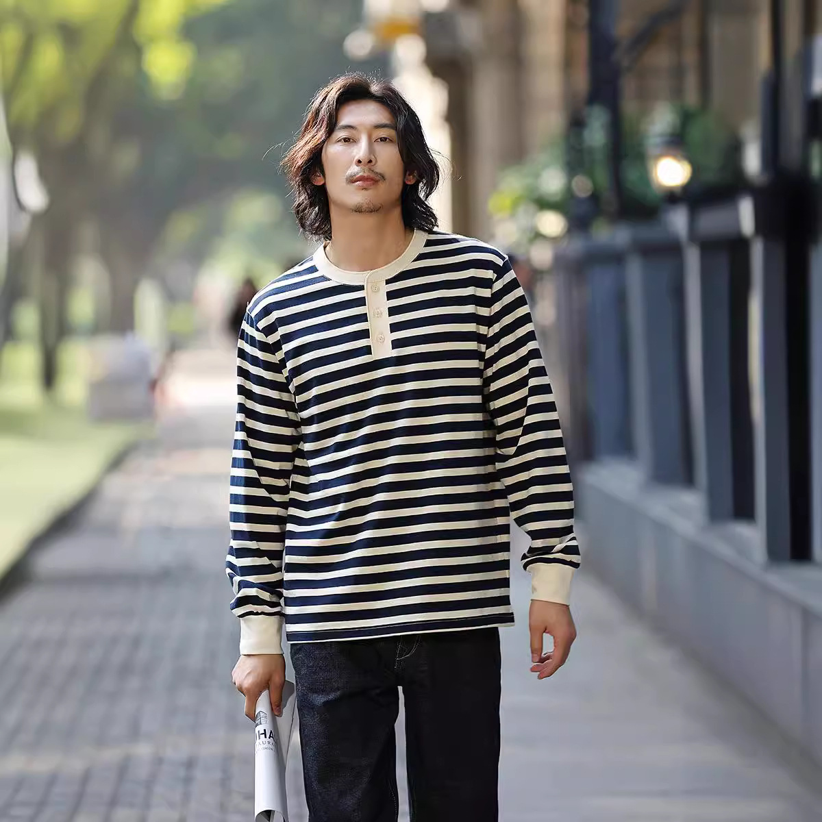 OKONKWO 230G pesado manga larga a rayas Henry cuello camiseta cubierta Sea Spirit camisa Henry camisa TEE