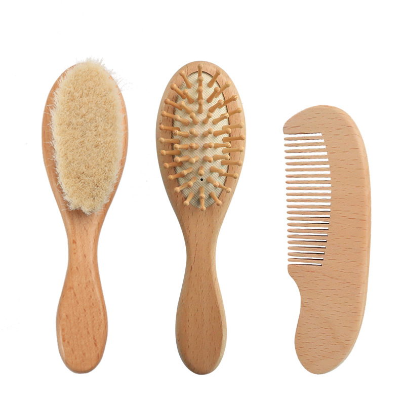 thumbnail image 1 of cepillo y peine,Juego de 3 piezas Cepillo de Pelo de Bebé Peine Lana Natural Cepillo de Pelo de Madera Recién Nacido Peine Infantil Cabeza Masajeador, 1 of 5