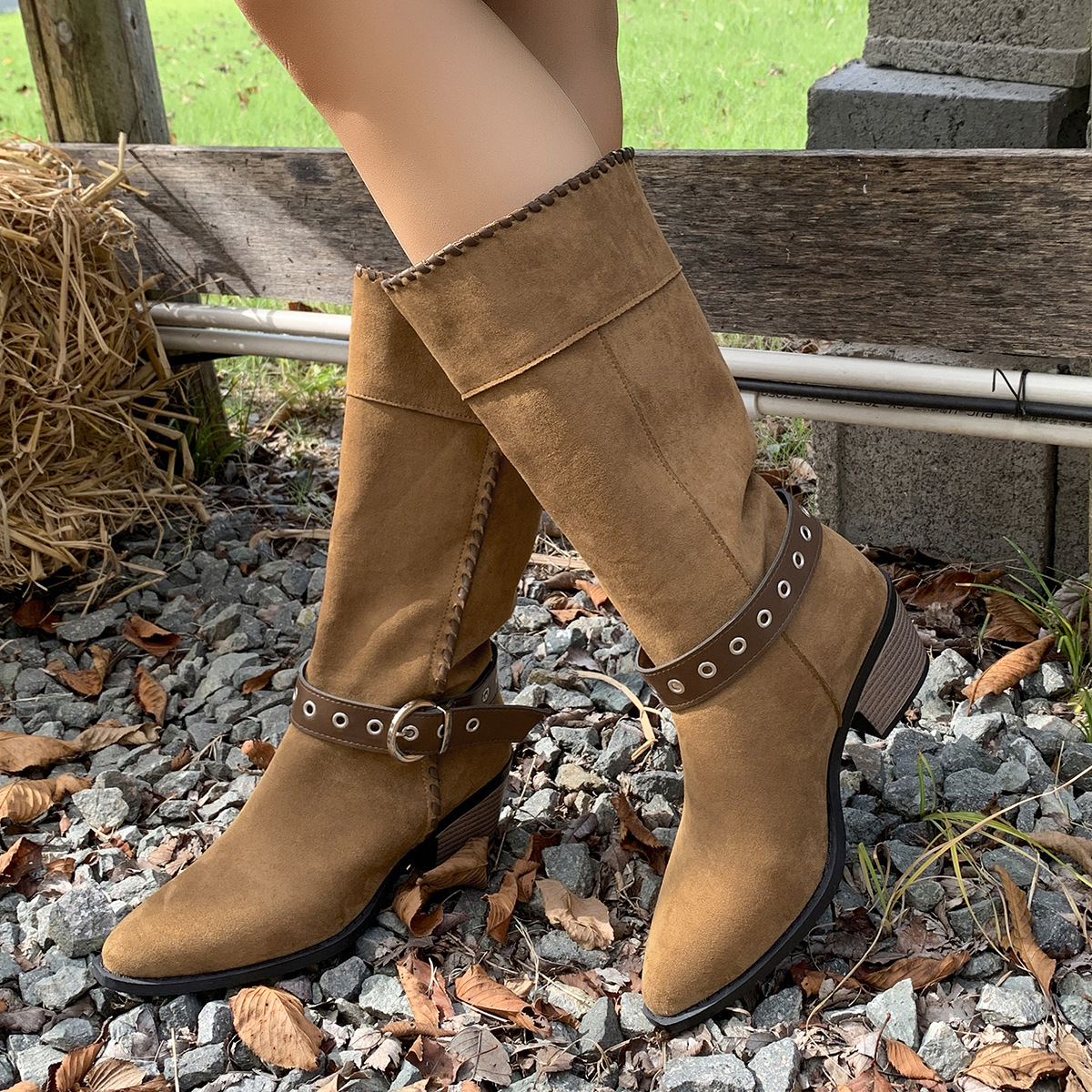 Women's High Top Suede Western Boots Belt Buckle Pointed Toe Mid Heel Riding Boot Plus Size Autumn New Style Black_voghion.com