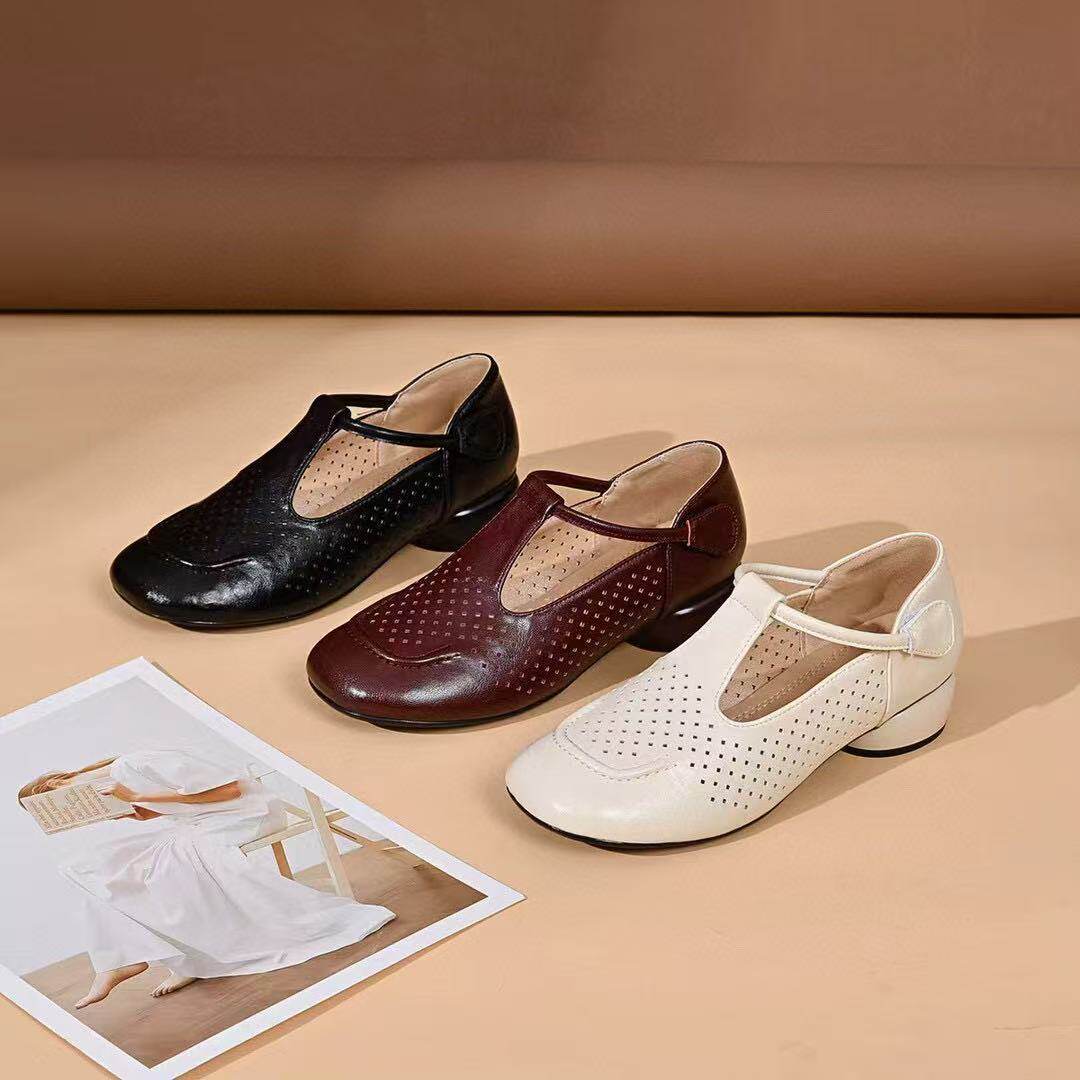 Sandal nữ da thật mũi tròn hở mũi gót thấp 4 cm đế bệt êm chân — màu đen chi tiết 9