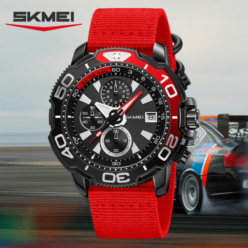 Momento de ventas transfronterizas calientes para hombres buceo viento cronógrafo de pulsera nylon rojo correa de cuarzo impermeable al por mayor