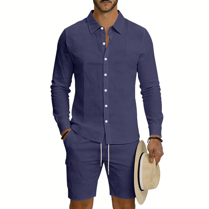 Summer Men's Linen Long Sleeved Shirt Casual Loose Fit Style With Multi Pockets Cargo Shorts Set_viptrois.com