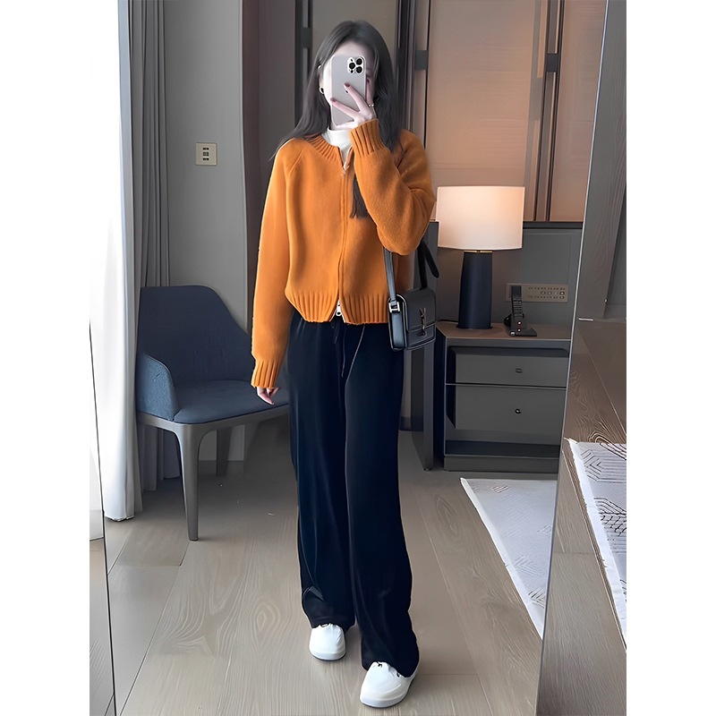 Dopamine Orange Top Women's Korean Early Spring Double Zip Knitted Cardigan Jacket Lazy Style Soft Waxy Sweater Hot Sale