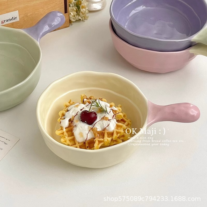 크림 스타일 식기 높은 색상 가치 손잡이 그릇 수프 그릇 대형 가정용 6 인치 쌀 그릇 세라믹 국수 달팽이 가루 그릇