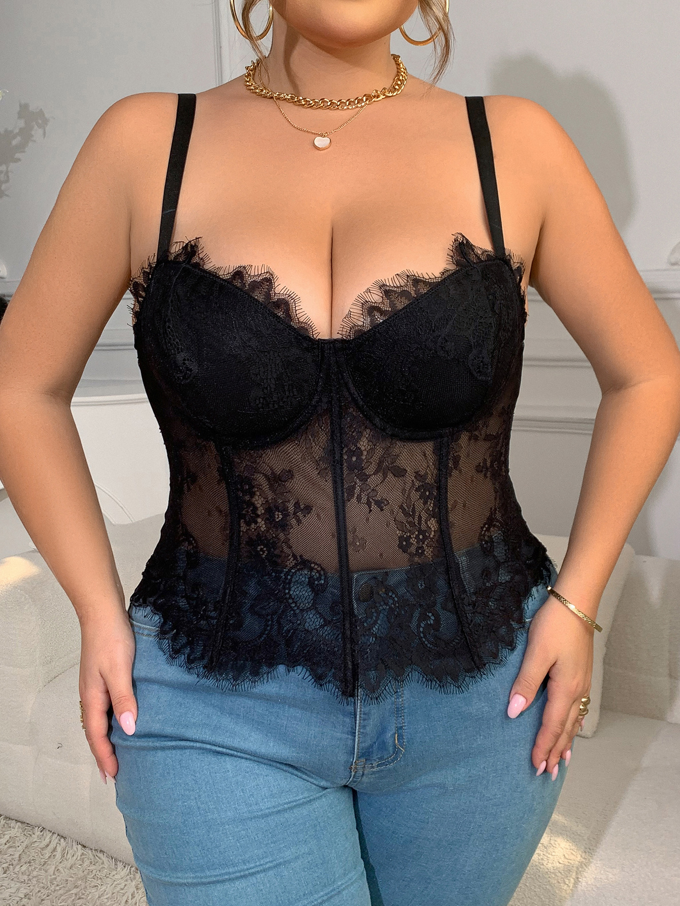 Lencería sexy de encaje exclusiva para tallas grandes europeas y americanas, estilo transfronterizo, popular, con varillas, estilo camisola transparente para chicas atractivas