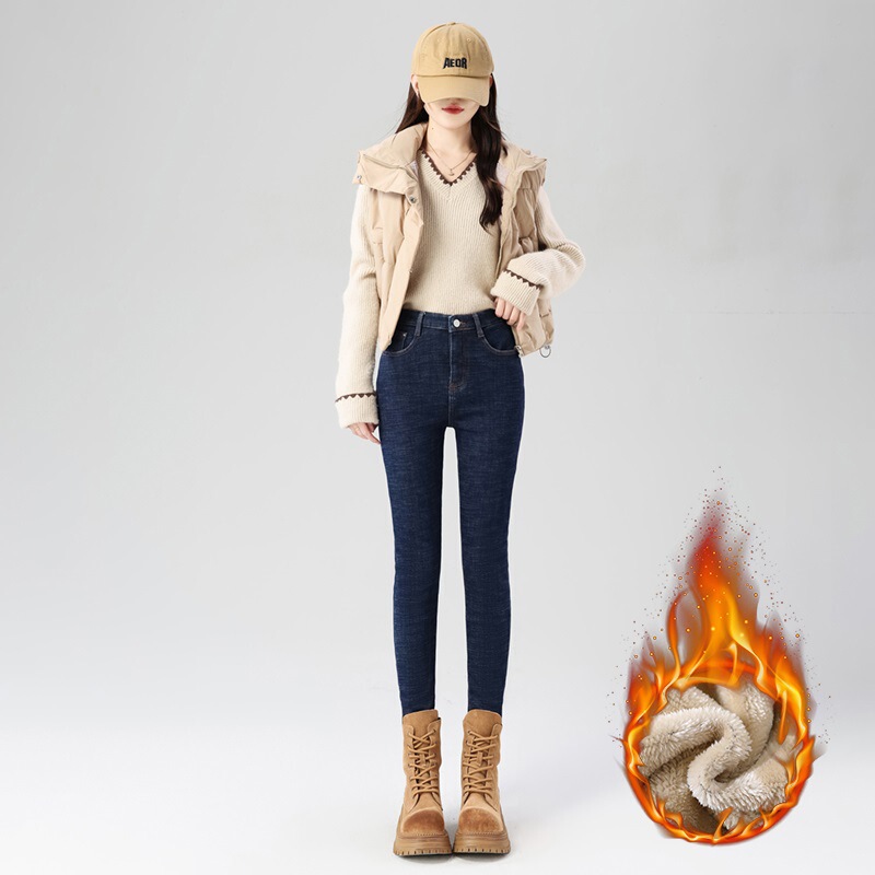 Dark Blue Women's Fleece-Lined High-Waisted Jeans 2025 New Slim Fit Skinny Pencil Pants Stretch Versatile