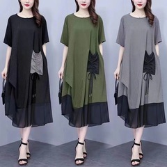 夏の新しいスタイルの太った女性のゆったりとした大きいサイズの女性の服はお腹をカバーし、痩身ドレス、エレガントで年齢を軽減する、レトロなスプライシング