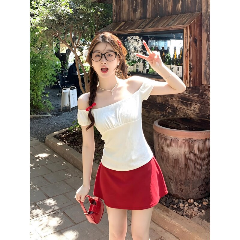 Super Stylish Two-Piece Summer Outfit: Off-Shoulder T-Shirt and White Short Skirt Set