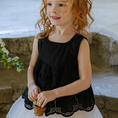 2024夏款草莓珊韓國女童女孩兒童法式棉質鏤空蕾絲無袖上衣預售