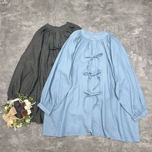 日系森女甜美门襟系带包扣长袖衬衫文艺复古宽松显瘦灯笼袖上衣秋