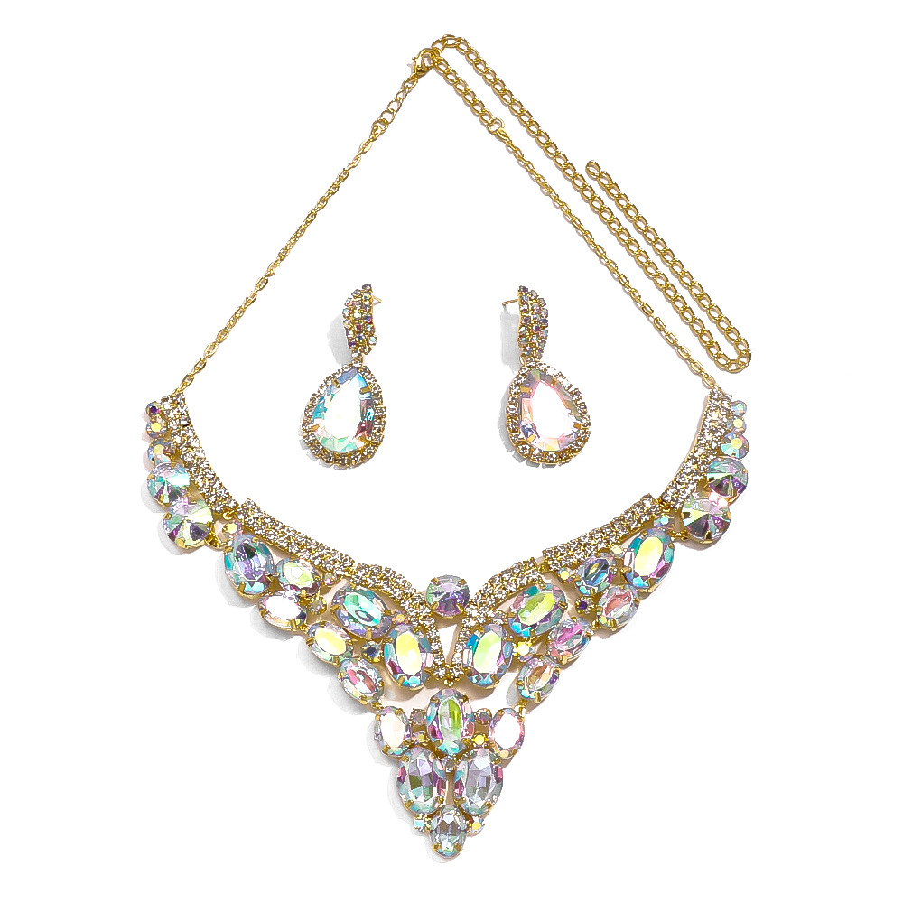 Moda europea y americana exagerada joyería traje nupcial boda rhinestone collar gota de agua pendientes joyería conjunto de joyas