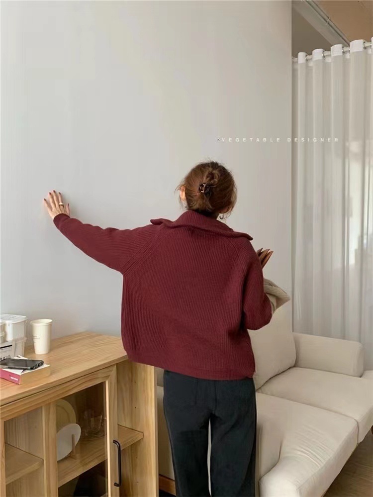 Cropped Knit Cardigan – Double-Zip Oversized Shacket (Maroon/Gray/Beige, One Size)_voghion.com
