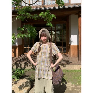 韩系格子短袖衬衫女夏季中长款口袋小衫设计感休闲上衣