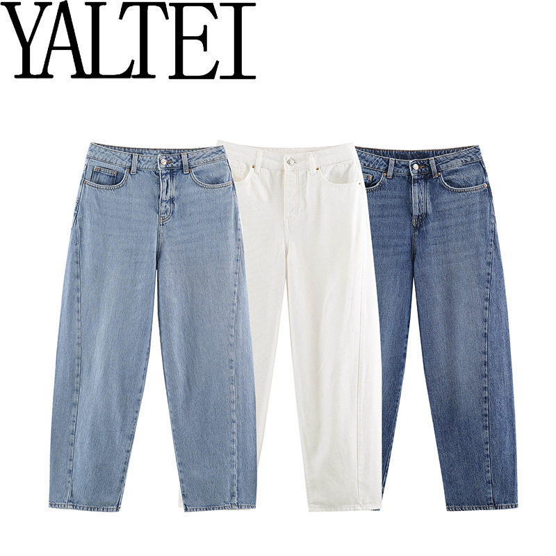 ZA cross-border AliExpress ins European and American women's clothing summer patchwork design high-waisted barrel-shaped jeans 4083235
