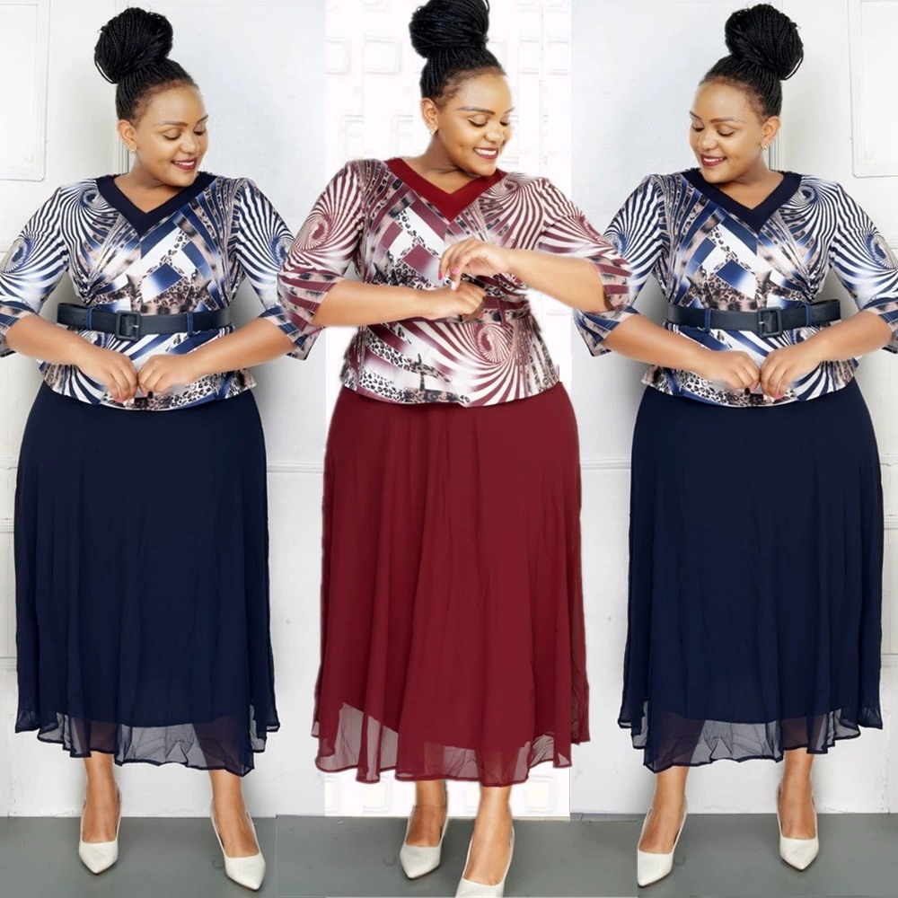 Европейская и американская трансграничная женская одежда большого размера новый африканский V-образный вырез семь рукавов платье мама с принтом JX518