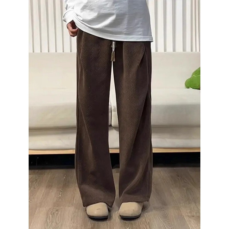 Brown Herringbone Pleated Knit Sweatpants Men's Autumn Trendy Drape Straight-Leg American Casual Pants