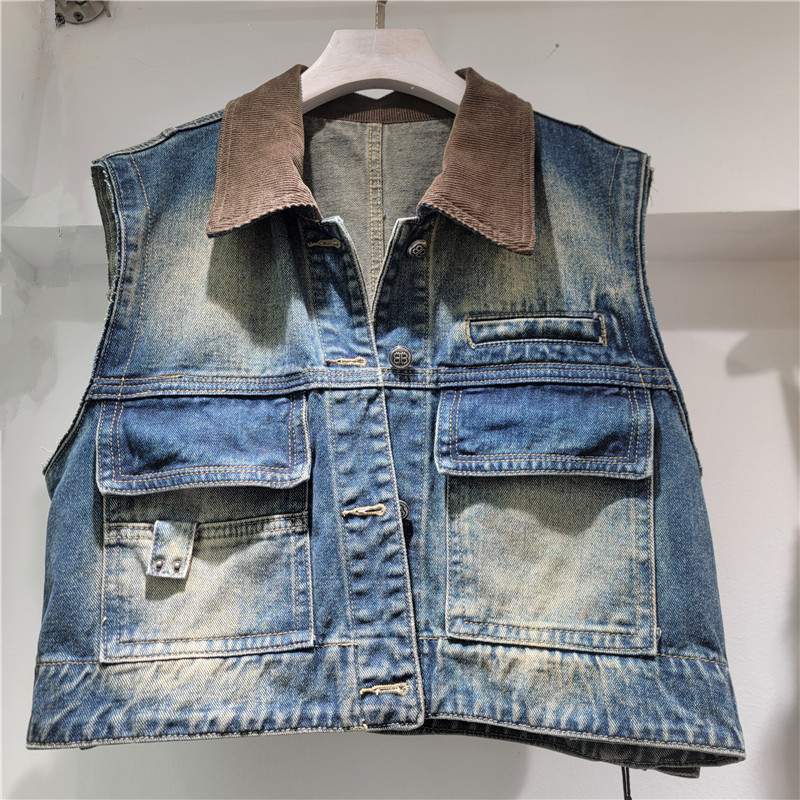 Nicho de diseño de color impactante empalme chaleco de vaquín sin mangas chaleco de moda femenino universal corto chaqueta de clip de caballo