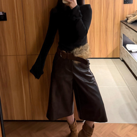 咖色阔腿八分裤皮裤女2025秋季流行新款高腰宽松减龄百搭PU直筒裤