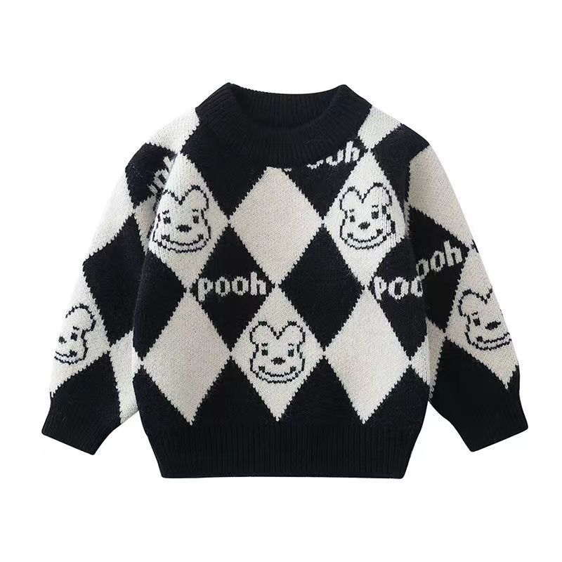Boys' Sweater New Thickened Pullover 2023 Autumn and Winter Knitted Fleece-Lined Cartoon Western Style Korean Product Letter