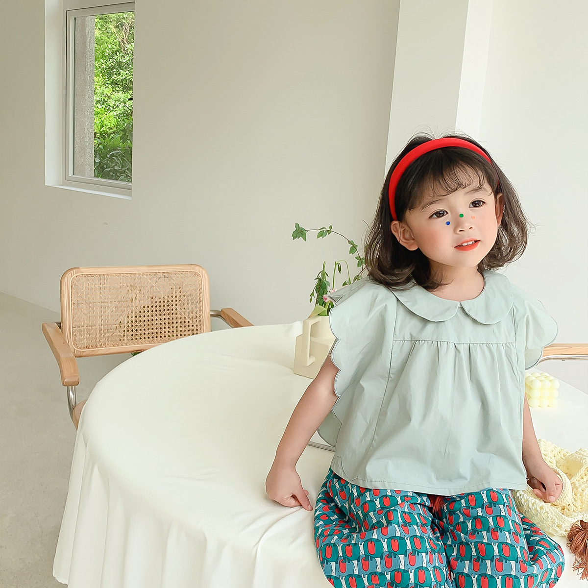 女童韩版衬衫2021新款甜美刺绣花边上衣小女孩时髦飞袖翻领衬衣