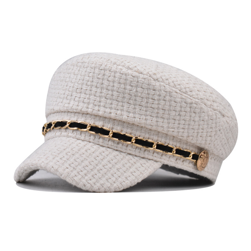 Cross-border estilo de Chanel boina de las mujeres del otoño y el invierno de la tapa del sombrero octogonal británico retro de encaje cadena de oro de la marina de guerra sombrero