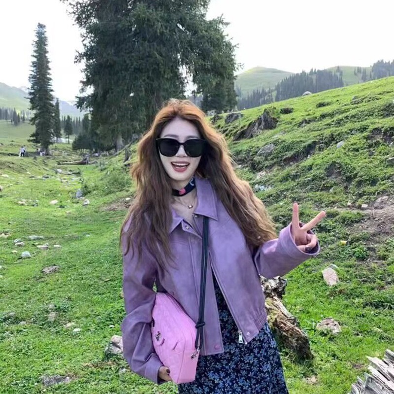巨好看紫色皮衣外套女秋季2025新款小个子韩版宽松机车服气质夹克|undefined
