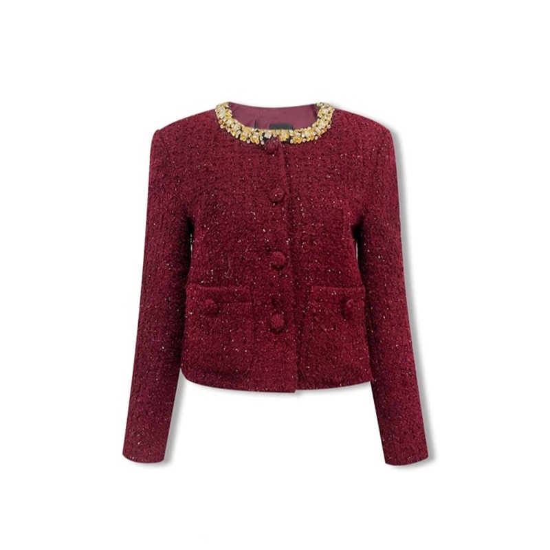 24 Autumn and Winter Elegant Commuter White Collar Light Luxury Diamond Ornaments All-match Tweed Chanel Style Short Coat for Women