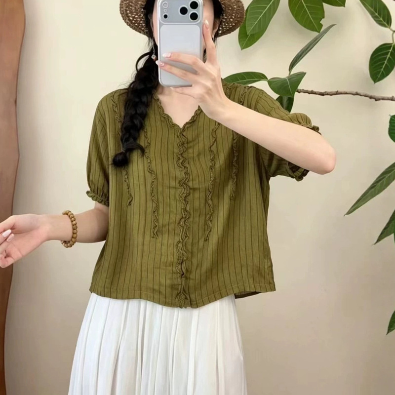 2026 Summer New Artistic Versatile Loose Casual Striped Lace V-Neck Ramie Short-Sleeve Blouse for Women 2026 Summer New Artistic Versatile Loose Casual Striped Lace V-Neck Ramie Short-Sleeve Blouse for Women