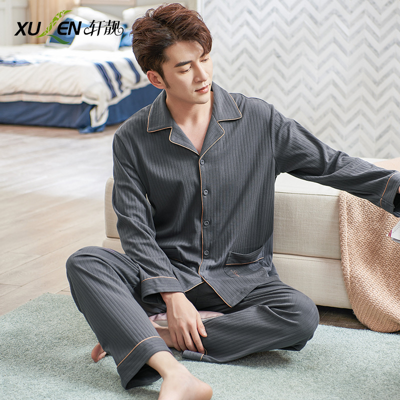 Pijamas de los hombres de primavera y otoño 100% algodón manga larga más tamaño desgaste del hogar Otoño e Invierno traje de algodón fino