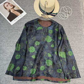 浓绿万枝红复古贵气桑蚕丝香云纱衬衫南油秋季新中式国风工厂批发