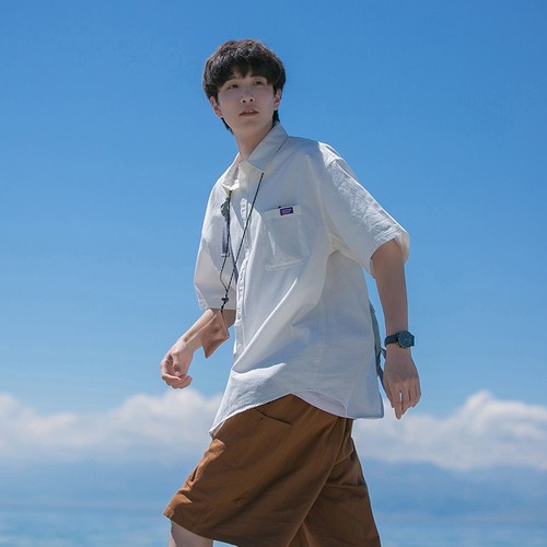 Japanese-style youth short-sleeve shirt for boys, summer thin version, trendy brand, loose half-sleeve, cool punk-style work crew neck outerwear