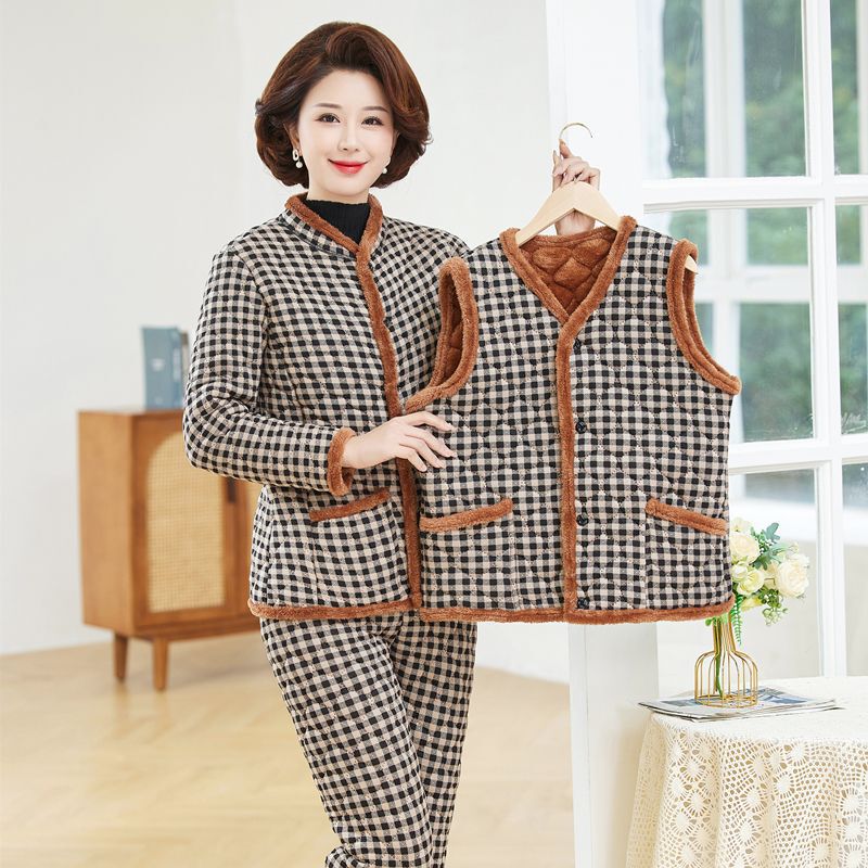 三件套保暖套装中年女装冬季新款蚕丝棉外穿高档棉服妈妈装两件套|undefined