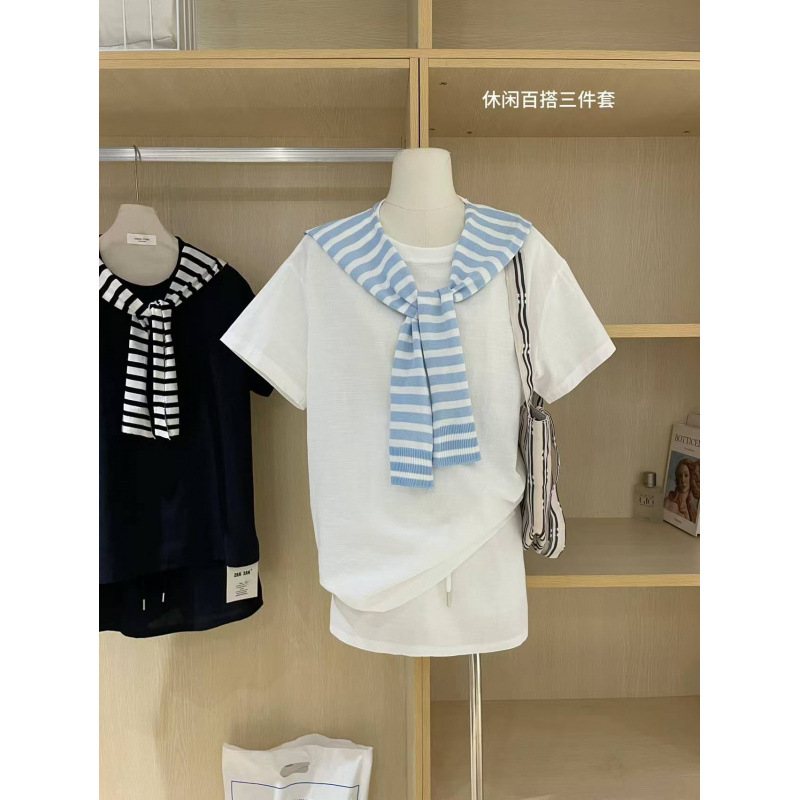 现货抖音爆款夏季新款韩系休闲百搭时尚T恤裙子披肩三件套