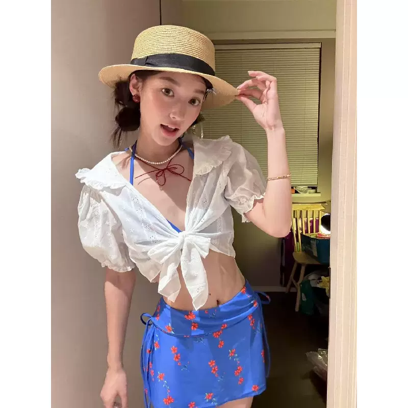 法式纯欲风甜美分体裙式比基尼泳衣四件套长袖罩衫防晒保守泡温泉