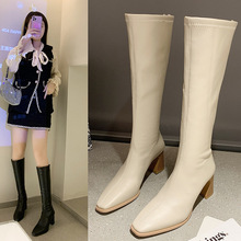 2021秋冬新款韩版性感方头弹力瘦瘦靴气质高跟短靴女漆皮骑士靴